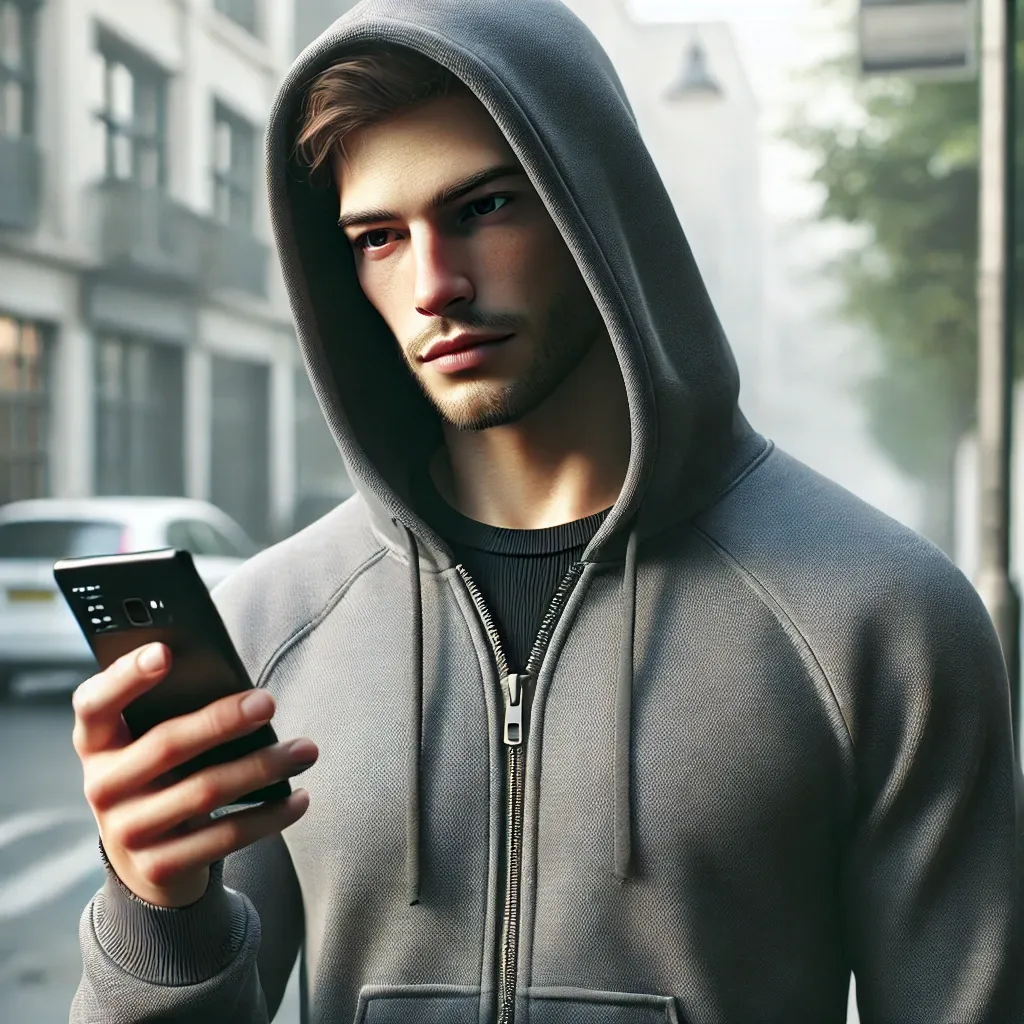 "Muž s kapucí na hlavě, který drží mobil. Symbolizuje komunikaci na online seznamkách, kde je spoustu rizik a podvodů